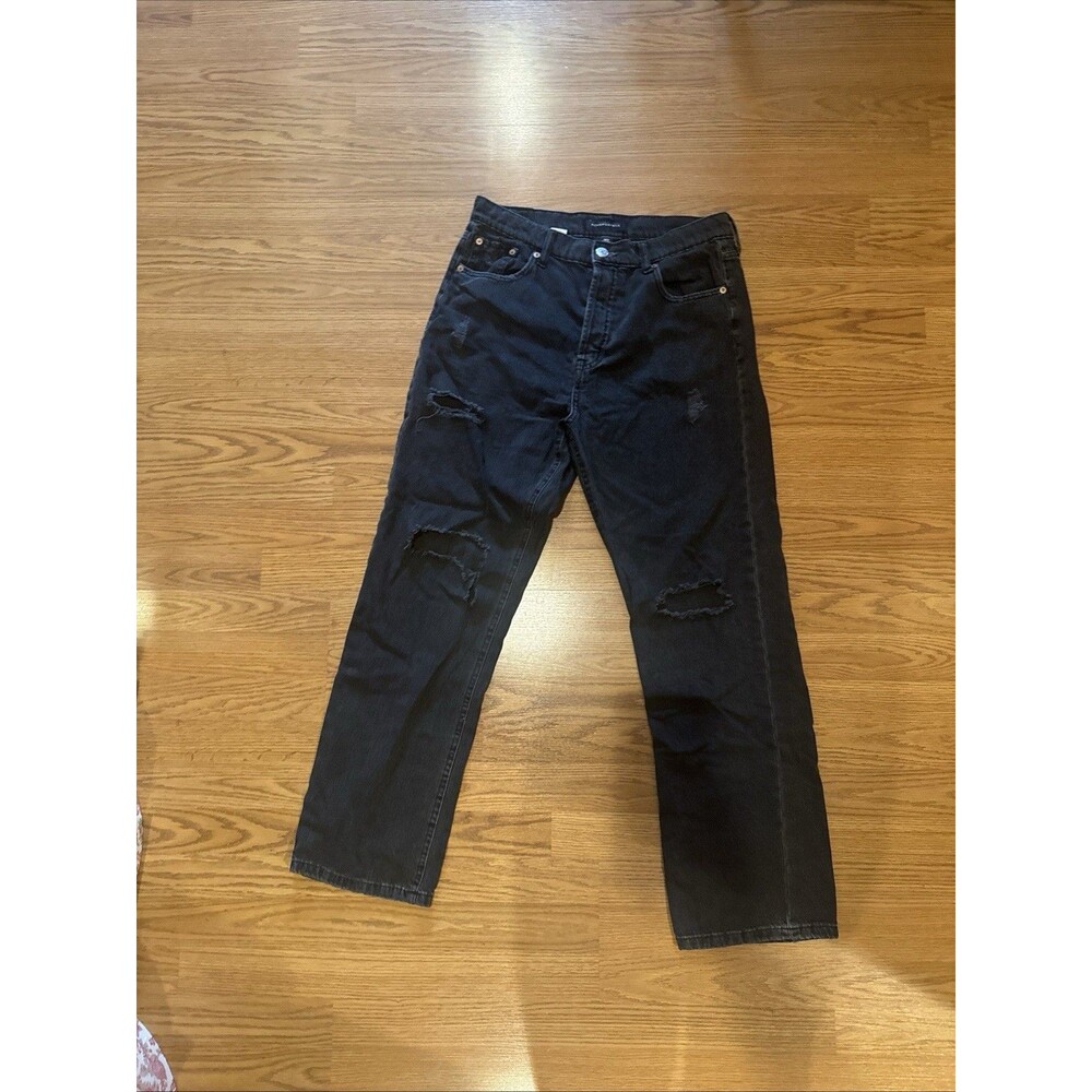 Y2K Grunge Distressed Jeans Black Wash 90's Baggy Holes Wide Leg Button Fly 12